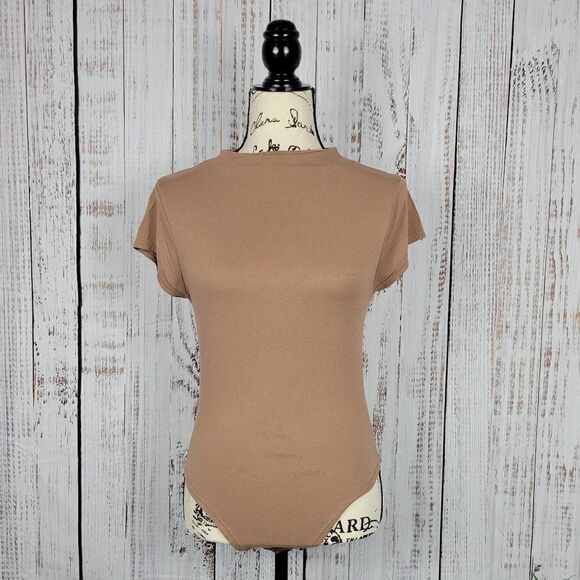 Temt Women's Medium Caramel Brown Turtleneck Basic Chic Short Sleeve Bodysuit - Picture 1 of 6